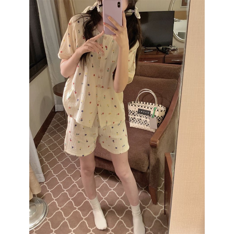 Bộ Đồ Ngủ Tay Ngắn In Hoa Dễ Thương Thoải Mái Thời Trang Mùa Hè Cho Nữ