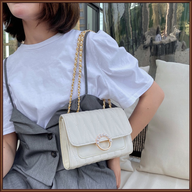 Túi Đeo Chéo Da Pu Khóa Nam Châm Đính Ngọc Trai Giả Phối Dây Xích Thời Trang Dự Tiệc Sang Trọng Cho Nữ