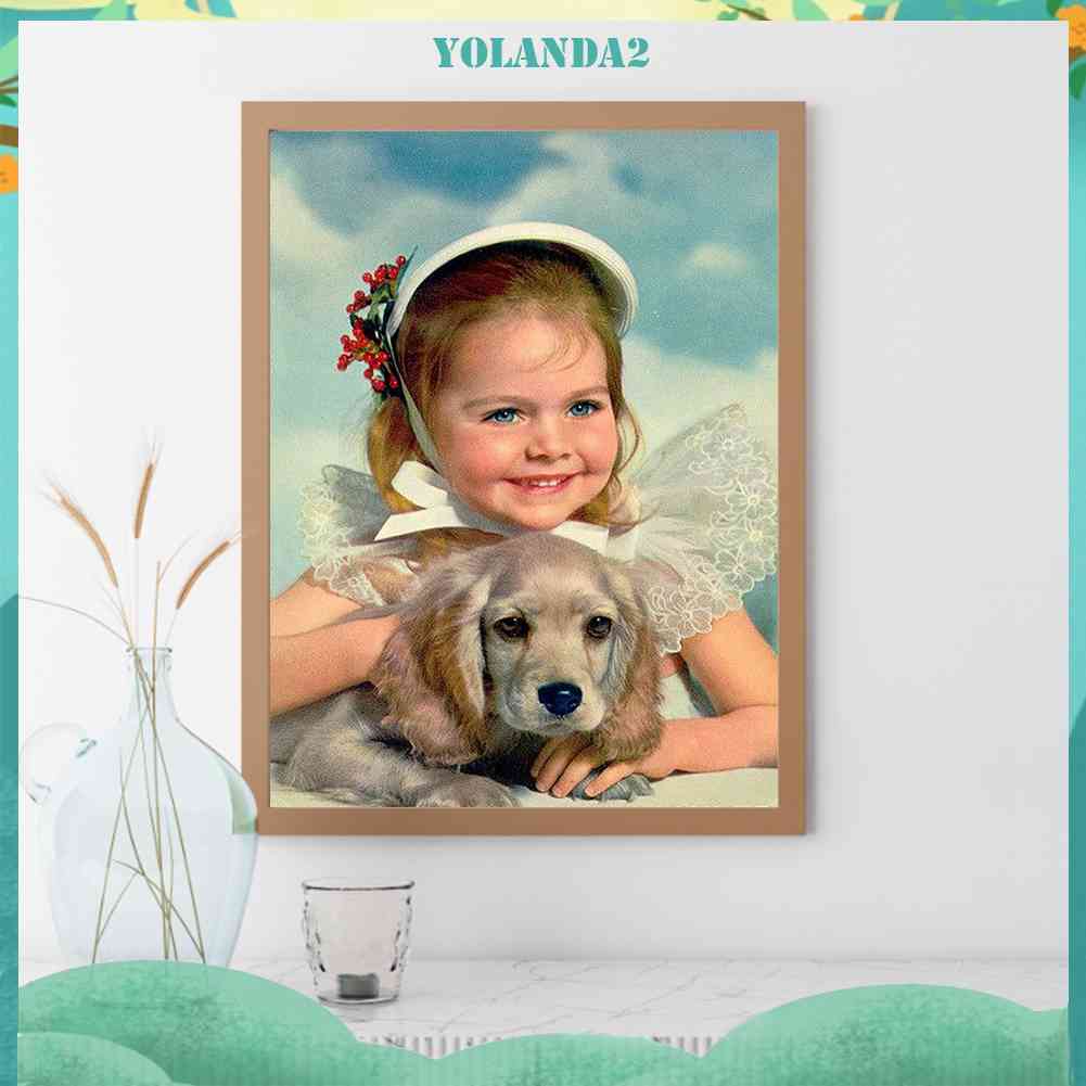 Tranh Đính Đá Kim Cương Toàn Bộ 5D DIY Hình Vẽ Chó Bé Gái Trang Trí Tường