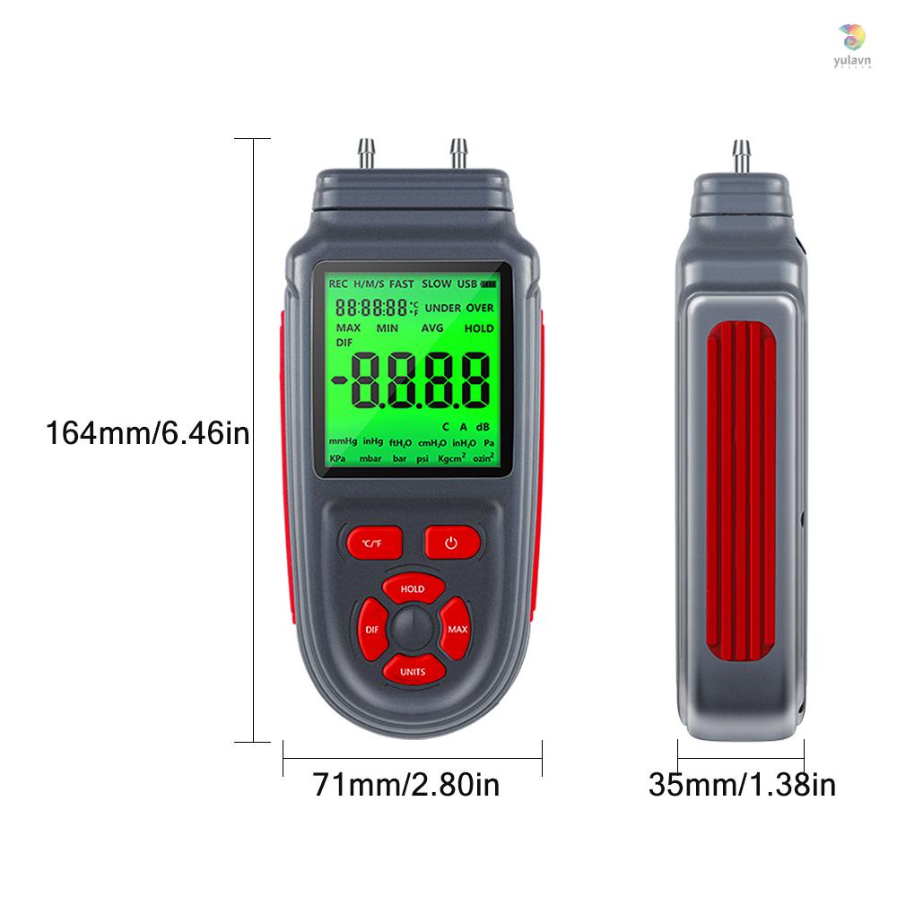 Thiết Bị Đo Áp Suất Khí Ga Kỹ Thuật Số Hai Cổng Có Màn Hình LCD Nền Hiển Thị Pin Hoặc Cáp USB °C/ °F
