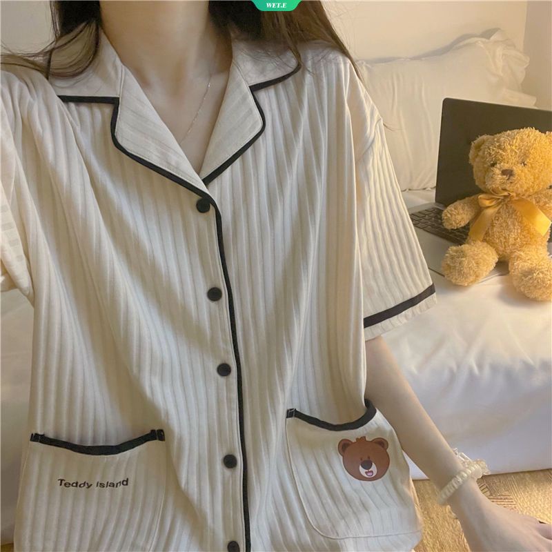 Bộ Đồ Ngủ Họa Tiết Gấu Hoạt Hình Dễ Thương Phong Cách Nhật Bản Thời Trang Xuân Hè Cho Nữ