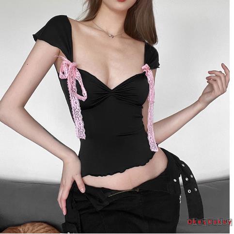 Áo Thun Crop Top Ngắn Tay Cổ Vuông Màu Tương Phản Thời Trang Mùa Hè Cho Nữ