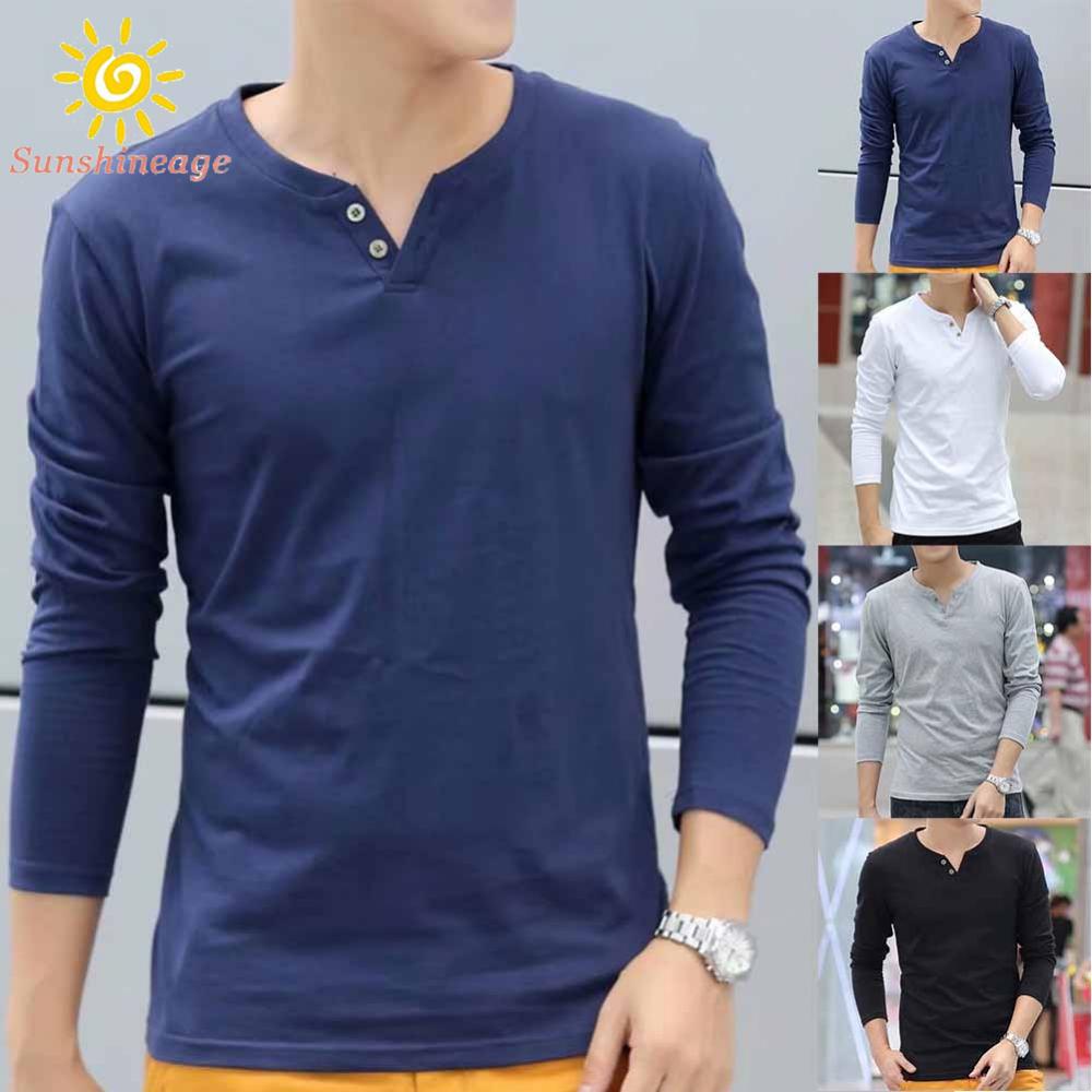 Áo Thun Cotton Tay Dài Dáng Ôm Cài Nút Thoải Mái Thời Trang Cho Nam