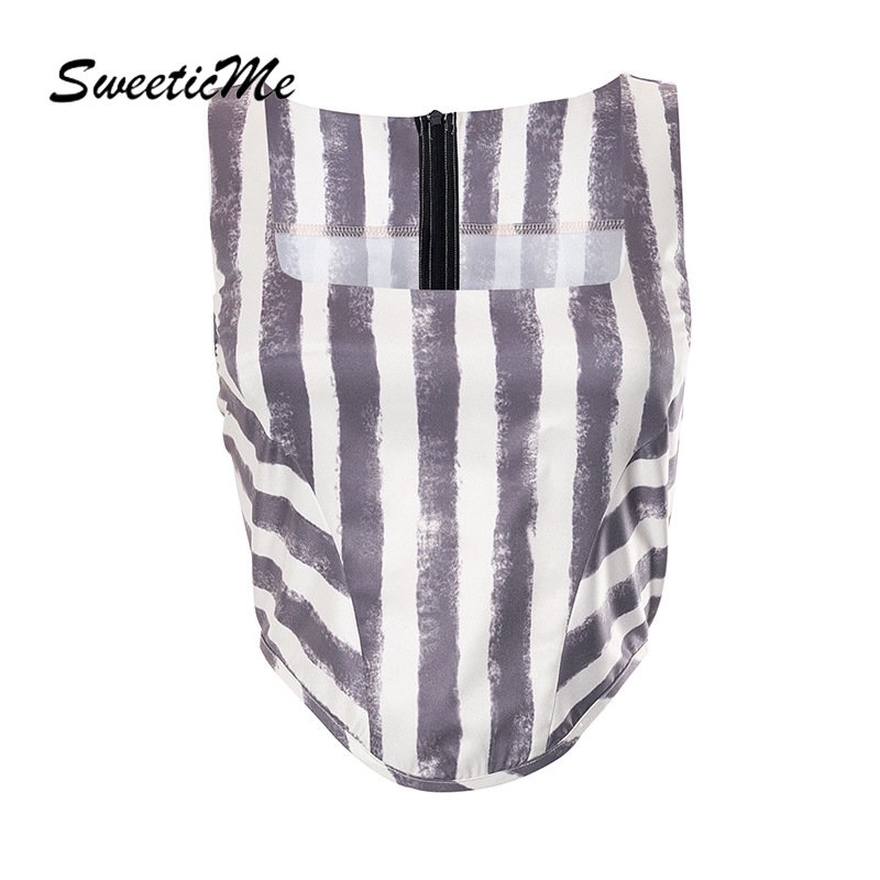 Áo Tank Top Ôm Dáng Có Khóa Kéo In Họa Tiết Sọc Màu Tương Phản Thời Trang Mới 2023 Cho Nữ