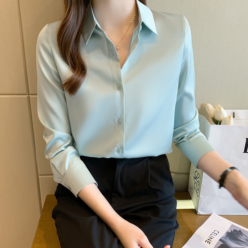 Áo Sơ Mi Vải Satin Bóng Tay Dài Màu Trơn Thời Trang Mùa Hè Cho Nữ