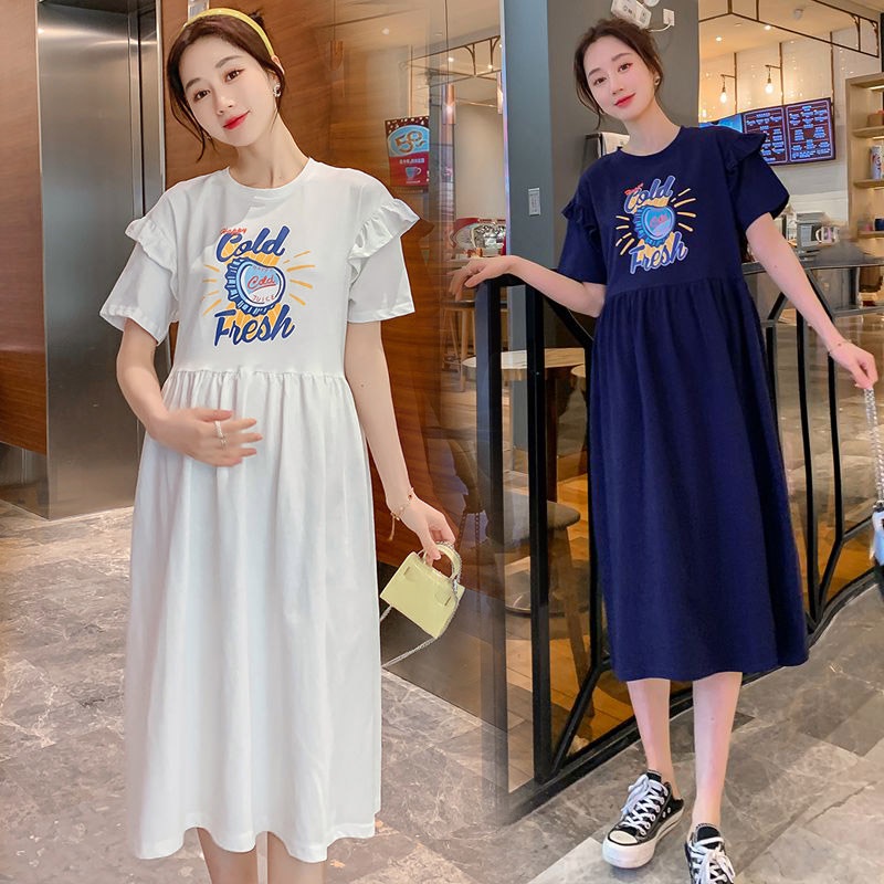 Đầm thun midi WOMA tay ngắn phong cách Hàn Quốc thời trang mùa hè xinh xắn cho mẹ bầu