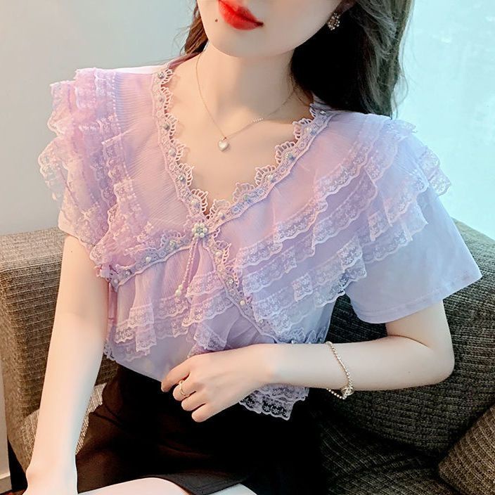 Áo Thun Ngắn Tay Cổ Chữ V Phối Ren Bèo Đính Hạt Ngọt Ngào Thời Trang Mùa Hè Phong Cách Mới 2023