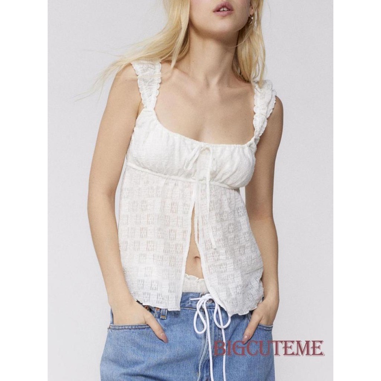 [] Áo Thun Crop Top Hai Dây Màu Trơn Viền Ren Hở Lưng Gợi Cảm Mùa Hè Cho Nữ