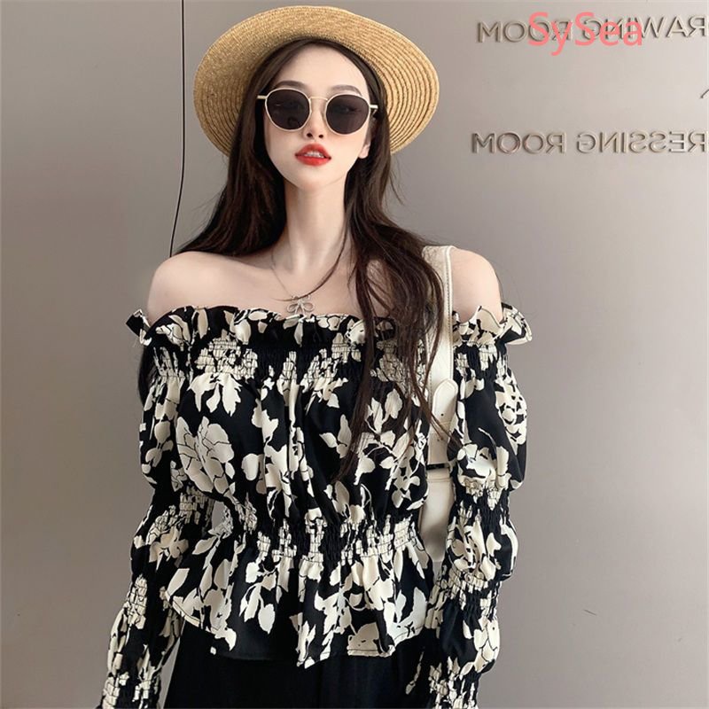 Áo Kiểu Trễ Vai Họa Tiết Hoa Phong Cách Pháp