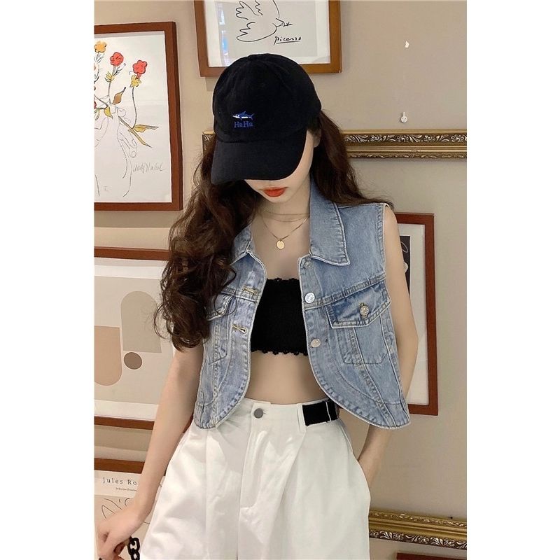 Áo Denim Không Tay Lưng Cao Thời Trang Mùa Hè Dành Cho Nữ