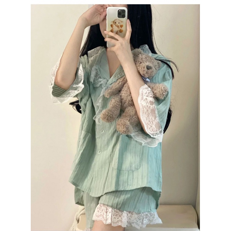 Bộ Đồ Ngủ Áo Tay Ngắn Phối Ren Màu Sắc Ngọt Ngào Phong Cách Nhật Bản Thời Trang Mùa Hè Cho Nữ