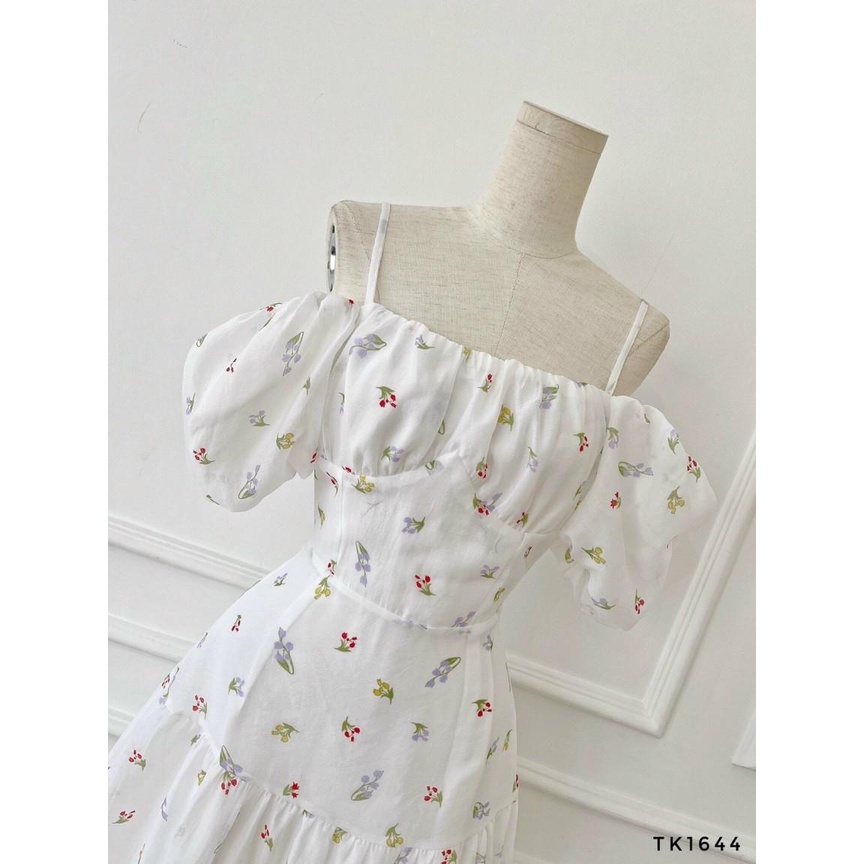 Đầm hoa tầng xòe 2 dây nhún ngực tay phồng kiểu rớt vai