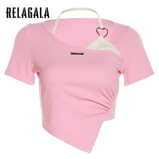 RelaGala Nữ Mới Màu Trơn Slim Fit Đeo Cổ Thời Trang Treo Áo Thun Tay Ngắn