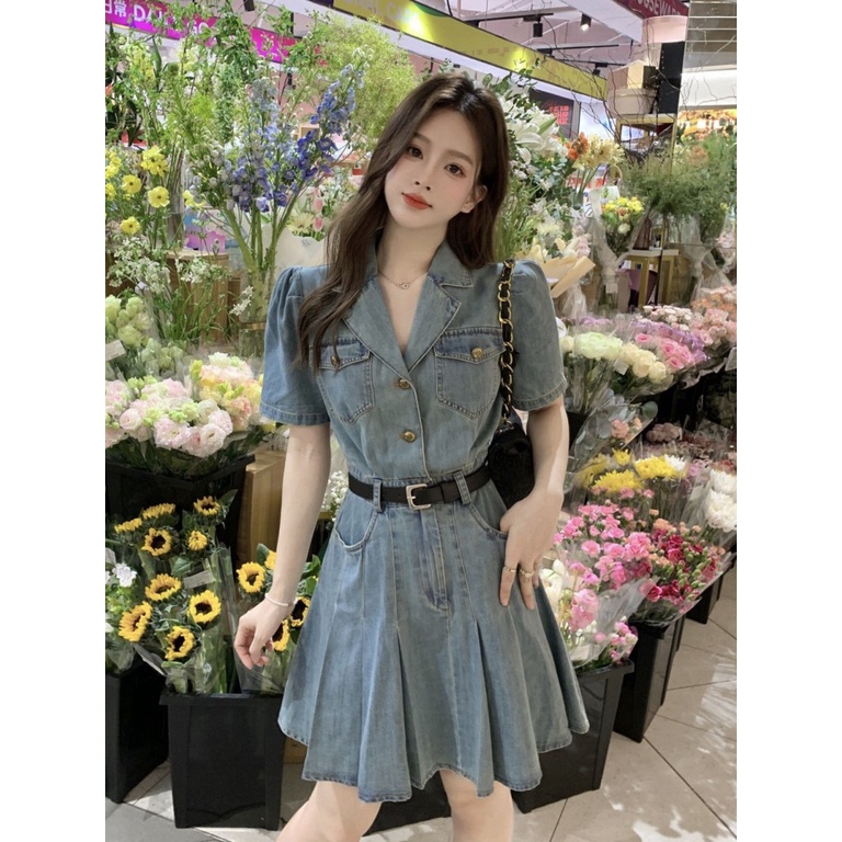 Đầm Denim Dáng Chữ A Lưng Cao Thời Trang Mùa Hè 2023 Phong Cách Retro Mới Cho Nữ