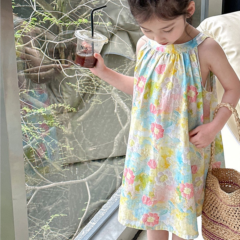 Đầm Hai Dây Không Tay In Hoa Phong Cách Hàn Quốc Cho Bé Gái 1-6 Tuổi