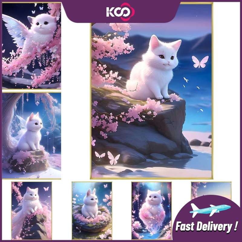 Bộ Tranh Đính Đá 5D Tự Làm Kích Thước 30x40cm / 40x50cm Hình Mèo Và Hoa Ấm Áp