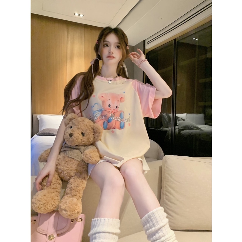 Áo Thun Tay Ngắn Cổ Tròn In Hình Gấu Dễ Thương Phong Cách vintage Dành Cho Nữ