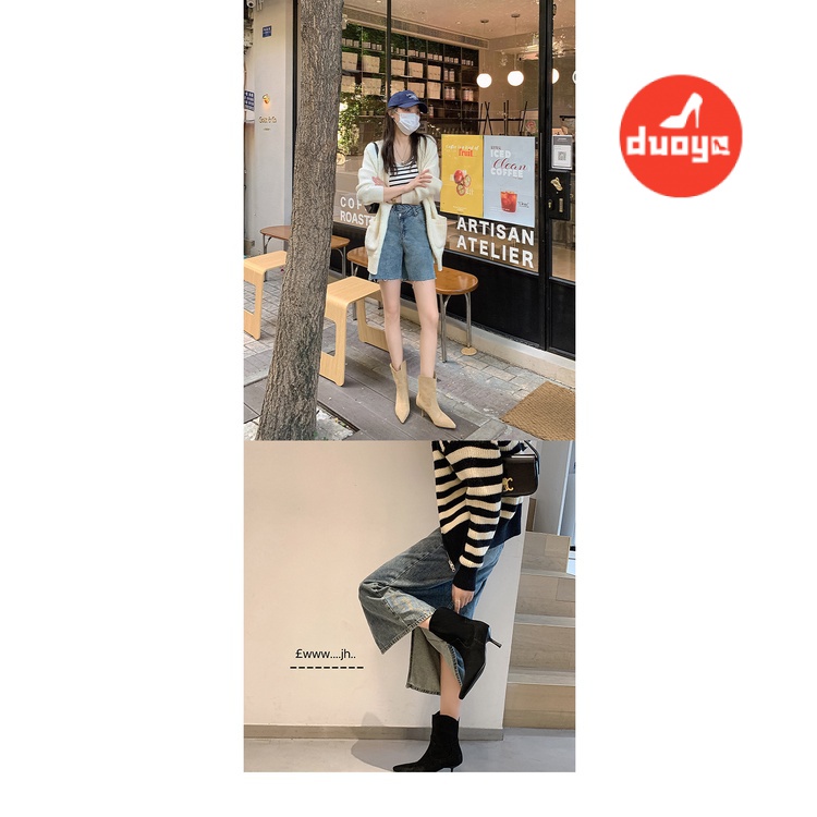 Duoya Tóc Thẳng ~ [Hàng Có Sẵn] Giày Bốt Martin Cao Gót Mũi Nhọn Mùa Thu Đông Cho Nữ