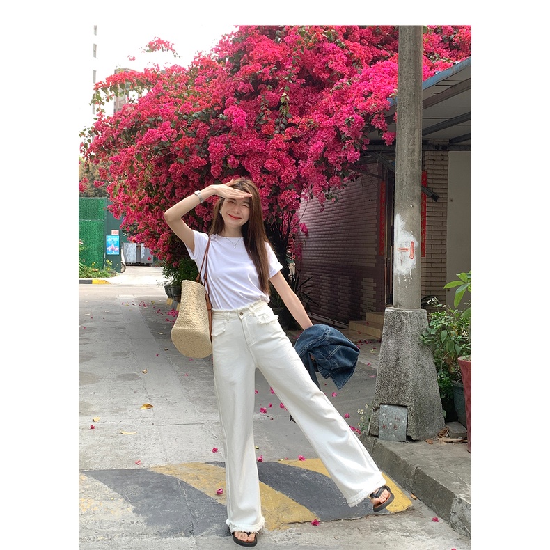 Quần jean SUXI ống rộng lưng cao viền tua rua thời trang mùa xuân cho nữ