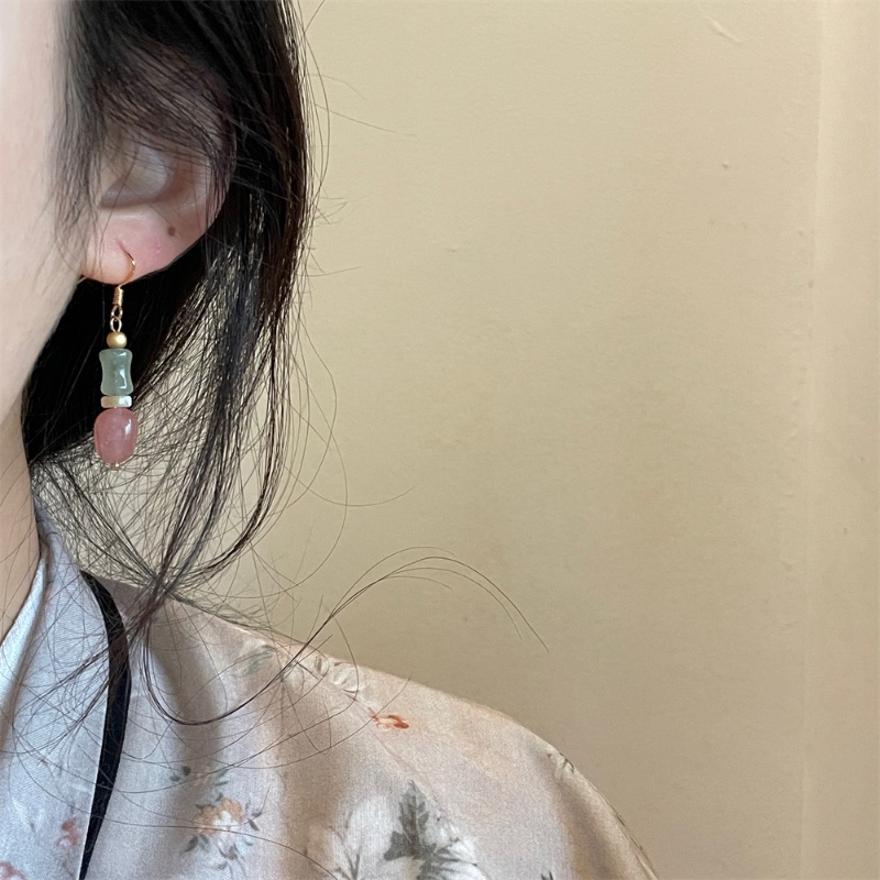 Khuyên Tai Kẹp Vành Tai Bằng Tre Đính Đá Ngọc Bích Phong Cách Trung Hoa Cổ Điển Sang Trọng