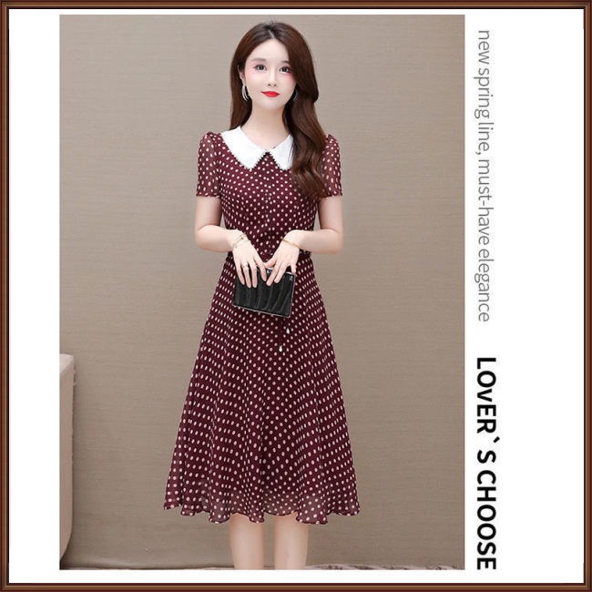 Đầm Dáng Chữ A Tay Ngắn Cổ Búp Bê Họa Tiết Chấm Bi Cỡ Lớn Thời Trang Mùa Hè Cho Nữ