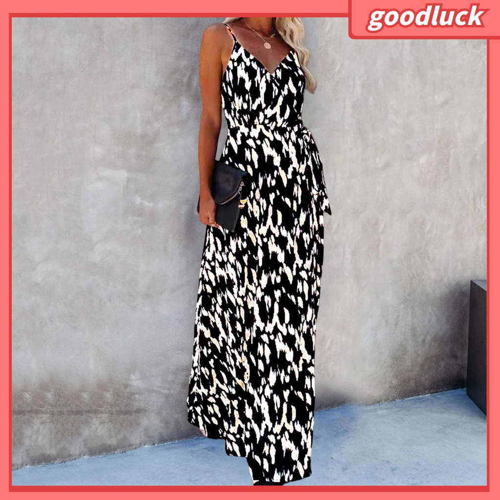 [ULK] Đầm Hai Dây Cổ Chữ V Họa Tiết Ngựa Vằn Hở Lưng Xẻ Tà Ôm Eo Gợi Cảm Cho Nữ