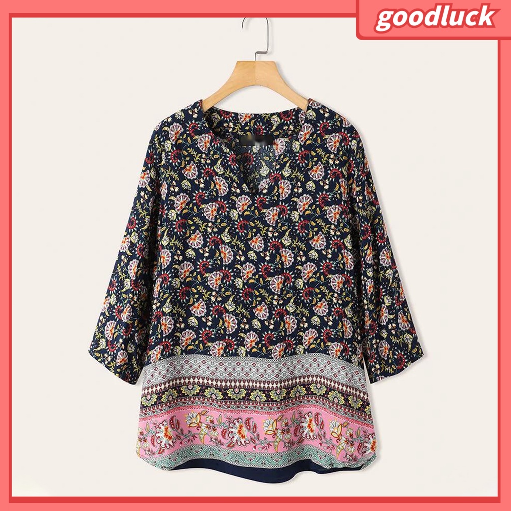 Áo Sơ Mi Tay Lỡ 3 / 4 Cổ Chữ V Họa Tiết Hoa Phong Cách Bohemian Dành Cho Nữ