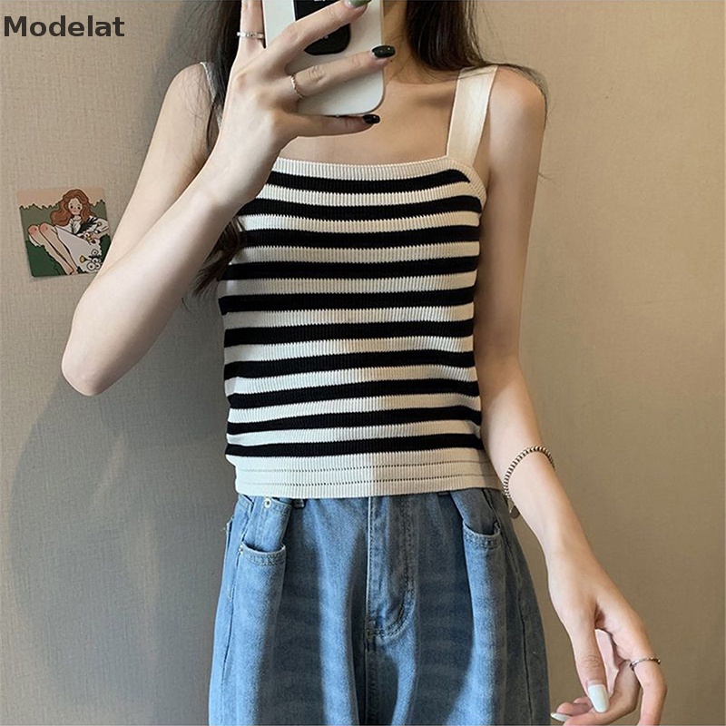 Áo Dệt Kim Hai Dây Dáng Ôm In Họa Tiết Kẻ Sọc Phong Cách Vintage Thời Trang Mùa Hè Cho Nữ