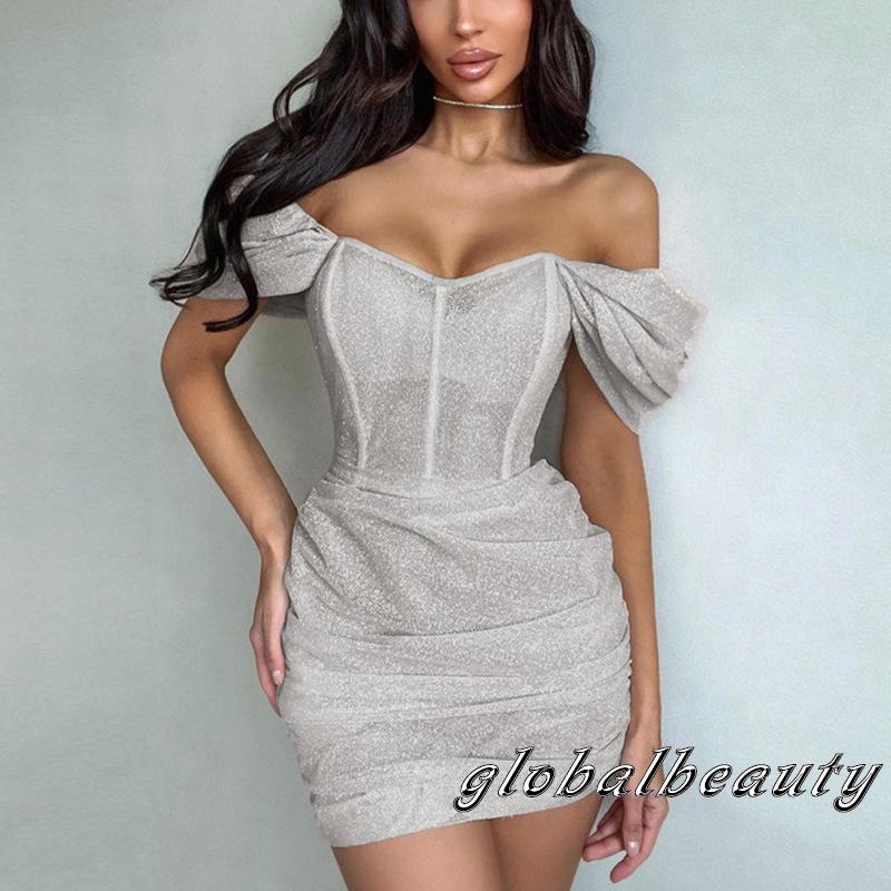 Đầm Midi Tay Ngắn Trễ Vai Eo Cao Màu Bạc / Đen Thời Trang Mùa Hè Cho Nữ