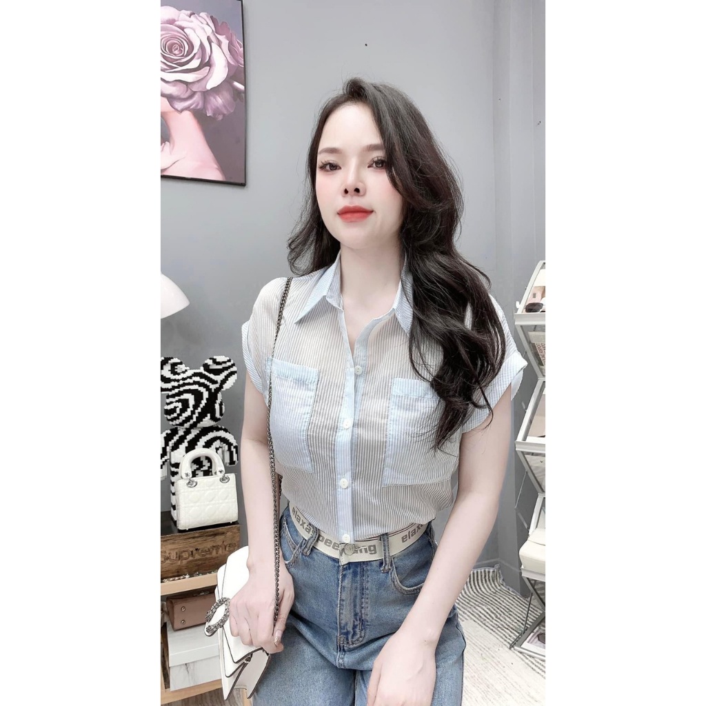 Áo sơ mi kẻ sọc tay liền cánh dơi túi ngực vải tơ đũi H202