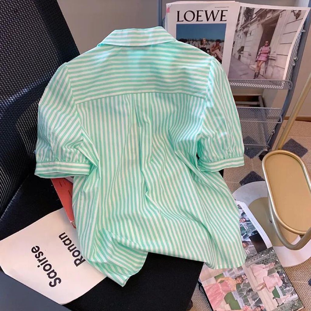 Áo Sơ Mi Tay Ngắn Phồng Dáng Rộng Họa Tiết Kẻ Sọc Thời Trang Mùa Hè 2023 Mới Cho Nữ