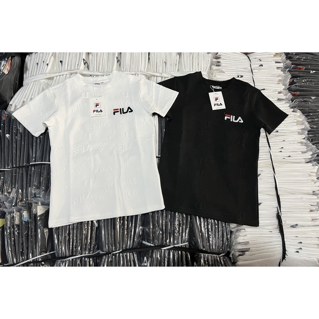 Áo Thun Nam Tay Ngắn Cổ Tròn Dập Vân Nổi Hoa Văn Thêu Chữ Fila, Chất Thun Cotton