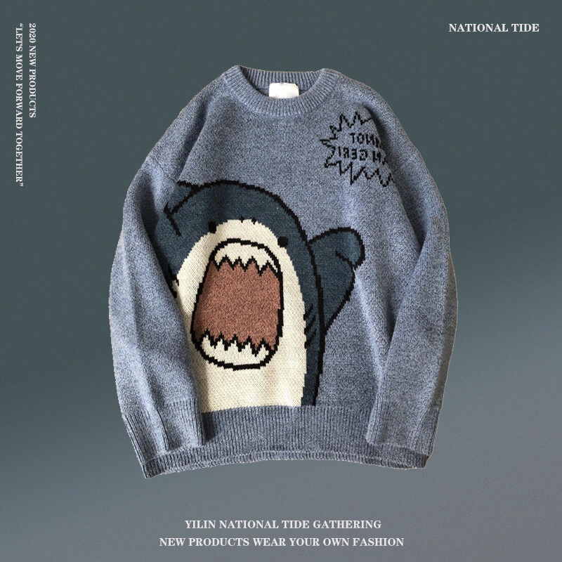 Áo sweater YOUTANG cổ tròn dáng rộng in hoạt hình cá mập kiểu Nhật Bản cá tính cho nam