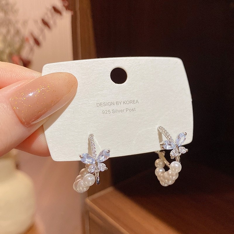 Bông Tai Mạ Bạc 925 Hình Bướm Đính Ngọc Trai Sang Trọng Thời Trang 2023