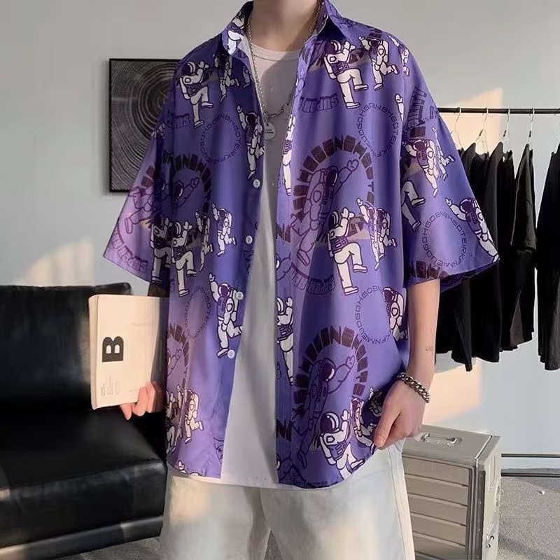 Áo Sơ Mi Tay Lửng Dáng Rộng In Họa Tiết Phong Cách Hong Kong Thời Trang Mùa Hè Hàng Mới Dành Cho Bạn Nam