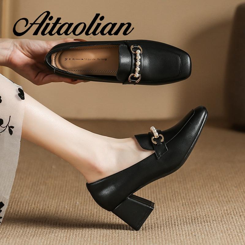 Giày Cao Gót 6cm Da Thật Mũi Vuông Phong Cách retro Anh Quốc Cho Nữ Mềm