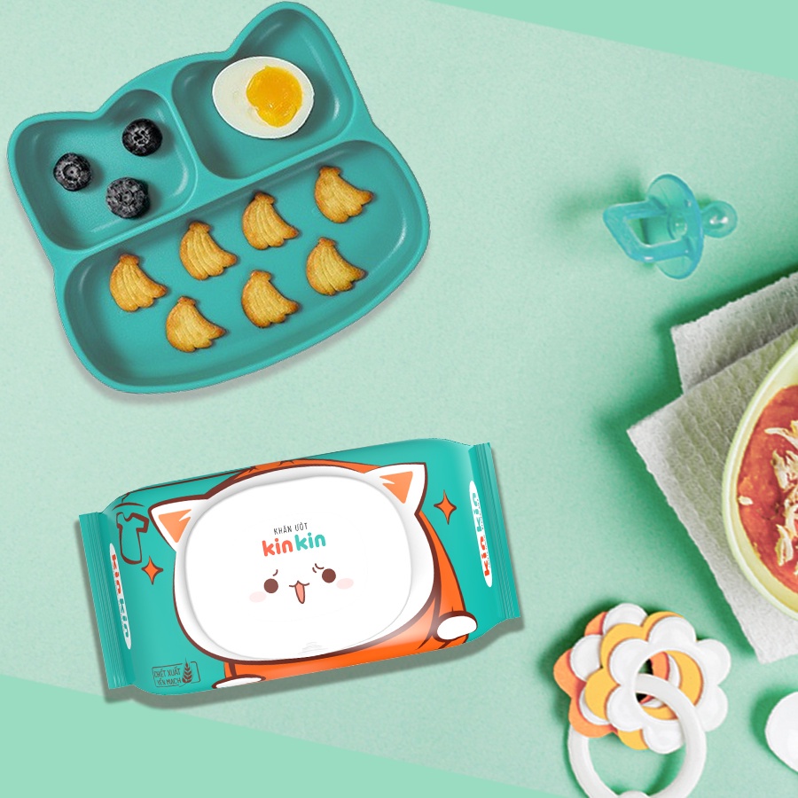 Khăn giấy ướt trẻ em an toàn cho cho làn da nhạy cảm KinKin không mùi/ hương trà xanh có nắp 100 tờ