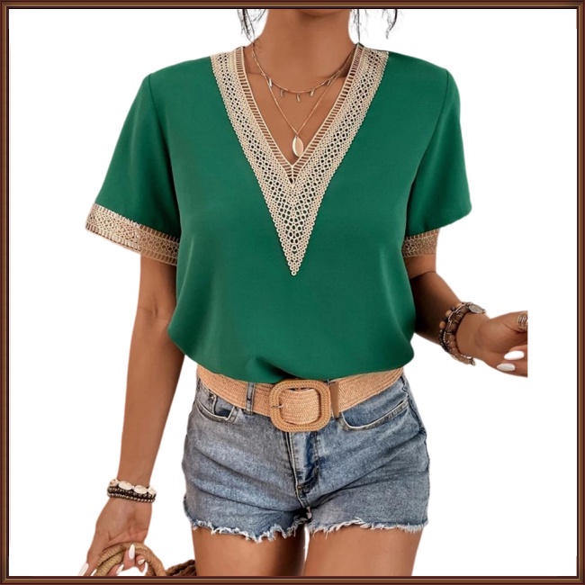 Áo Thun 100% Polyester 2023 Tay Ngắn Cổ Chữ V Phối Ren Dáng Rộng Cho Nữ