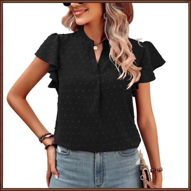 Áo Sơ Mi Chiffon Tay Ngắn Cổ Chữ V Phối Bèo Và Bóng Lông Màu Trơn Thời Trang Cho Nữ