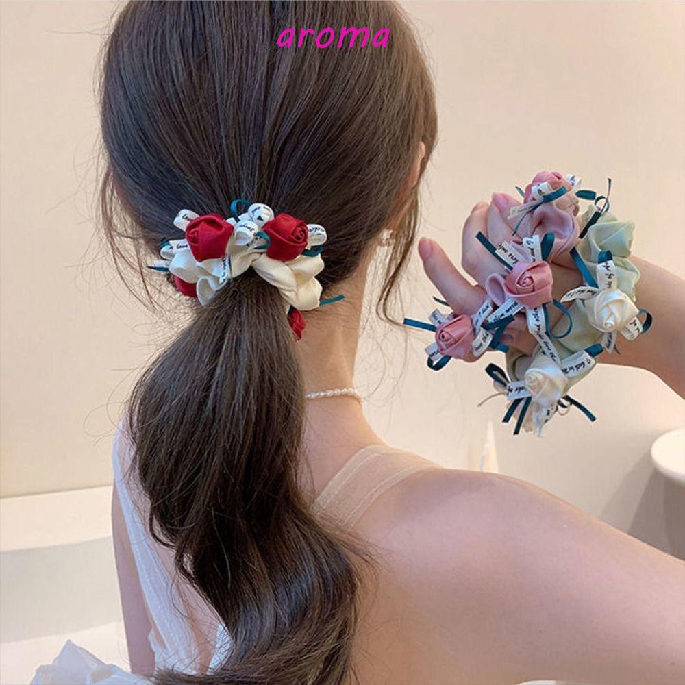 Dây Cột Tóc Cao Su Satin In Họa Tiết Hoa Hồng Phong Cách Hàn Quốc Thời Trang Cho Nữ