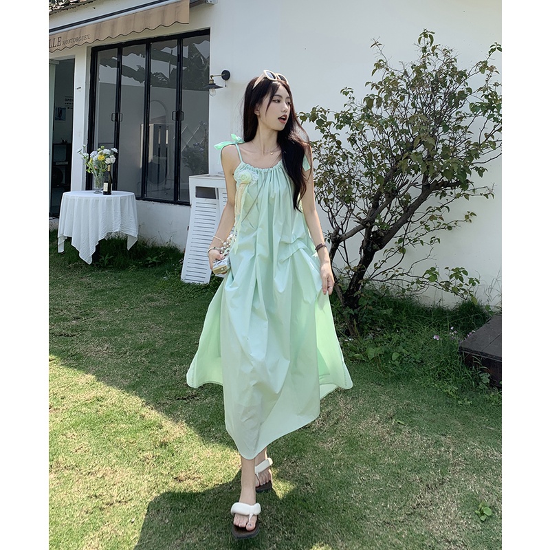 Đầm Hai Dây Dáng Dài Rộng Thắt Nơ In Hoa Thời Trang Mùa Hè Hàng Mới Dành Cho Bạn Nữ