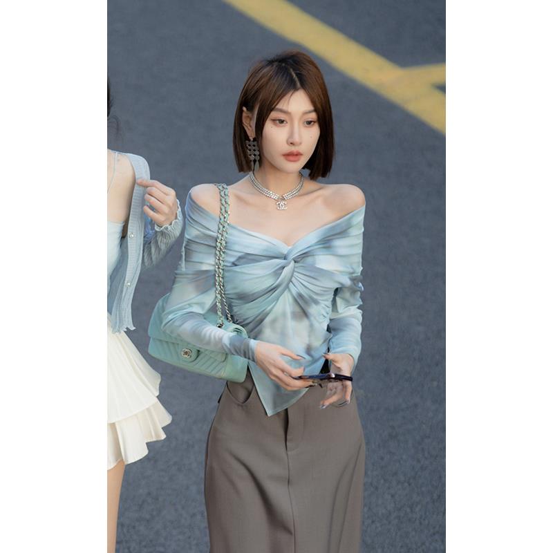 Áo Thun Tay Dài Lệch Vai Dáng Ôm Thắt Nơ Thời Trang Mùa Xuân Cho Nữ