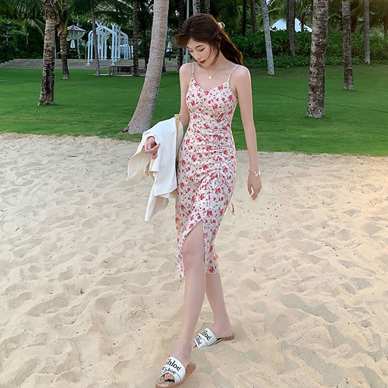 Đầm Midi In Hoa Cổ Chữ V Thanh Lịch Thời Trang Đi Biển Mùa Hè Cho Bạn Gái