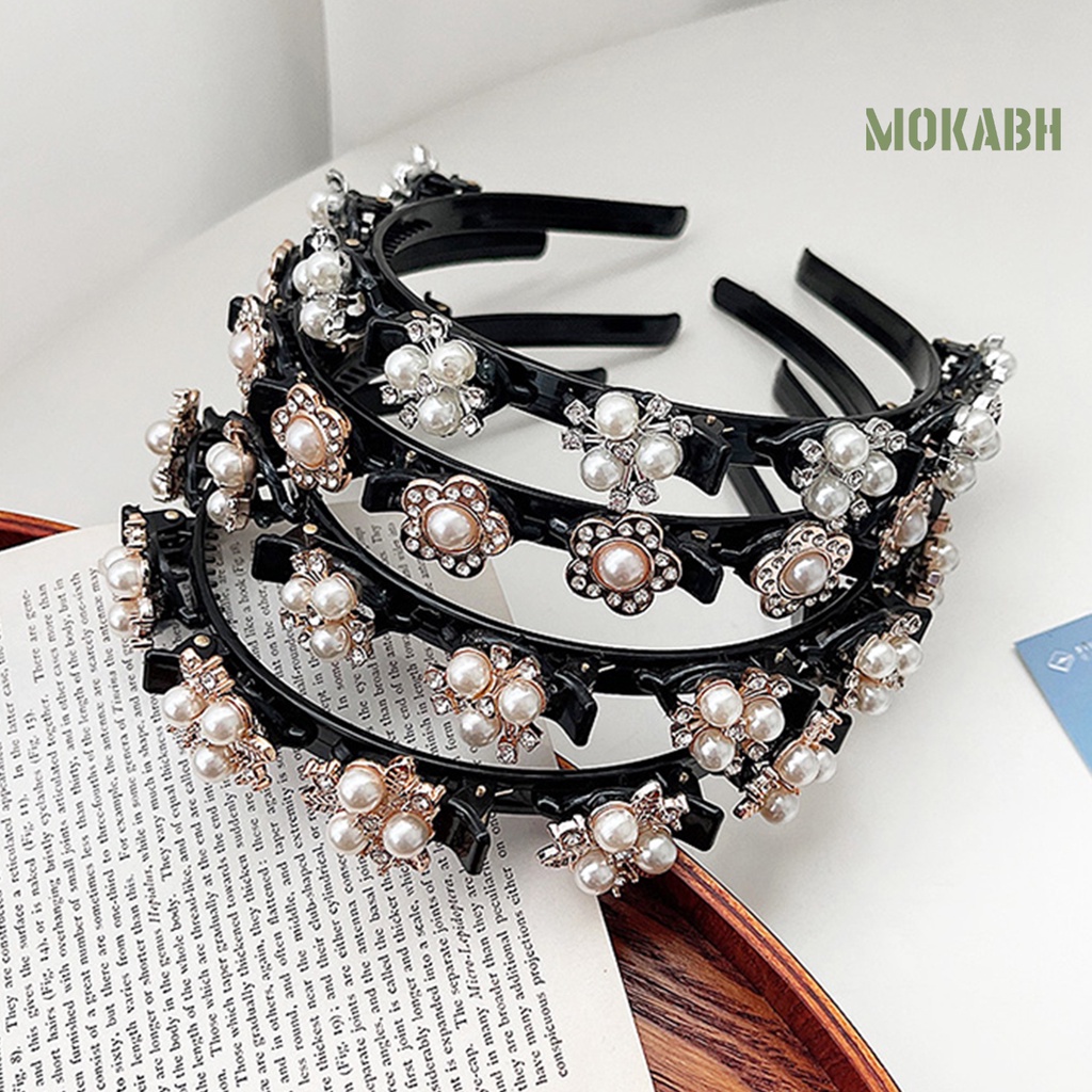 Băng Đô Hai Lớp Co Giãn Chống Trượt Đính Đá Và Ngọc Trai Giả Lấp Lánh Dành Cho Nữ