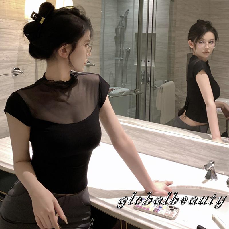 Áo Thun Crop Top Tay Ngắn Phối Lưới Mỏng Thời Trang Mùa Hè Cho Nữ