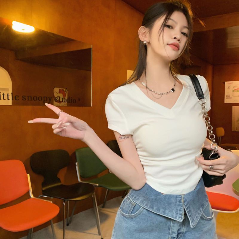 COZOK Áo Thun Ngắn Tay Cổ Chữ V Phối Dây Rút Thời Trang Đơn Giản