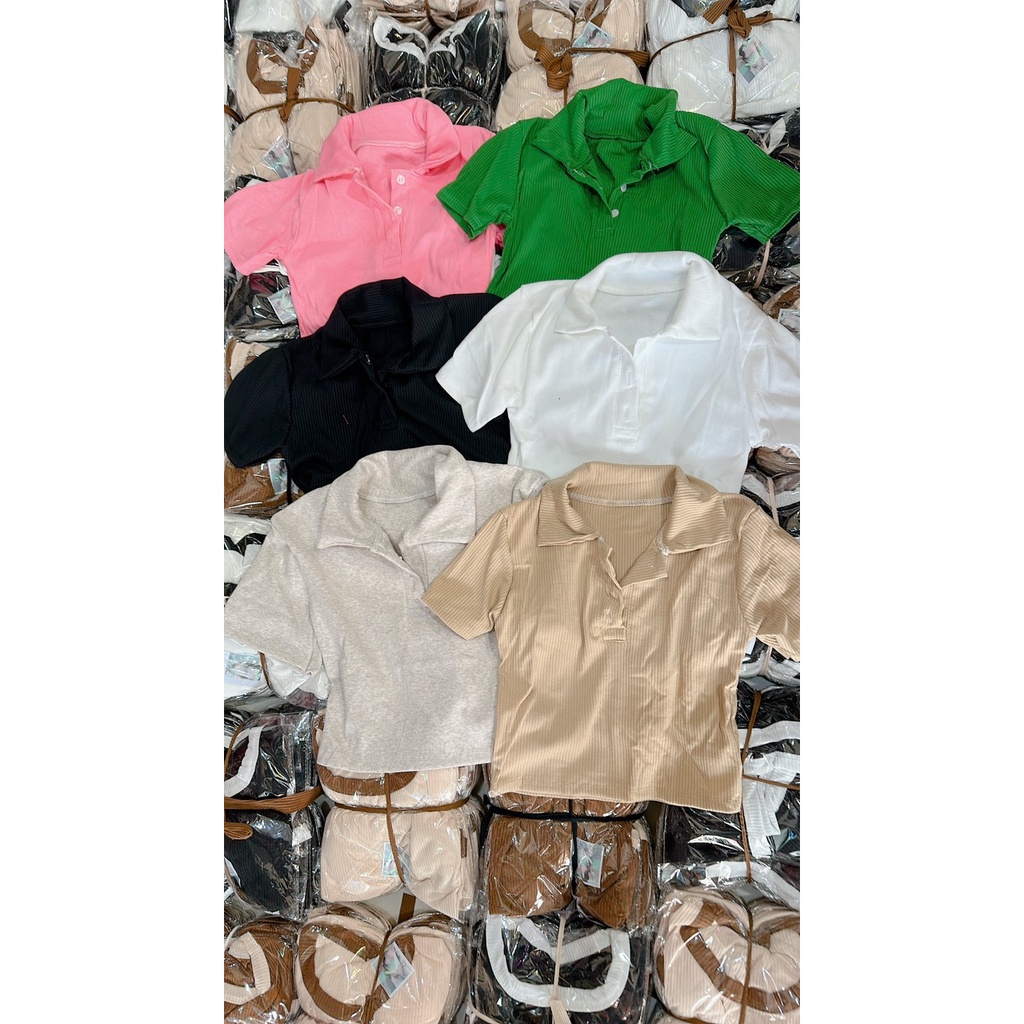 Áo Ngắn Thun Gân Cổ Bẻ Kèm Gài Nút Ngắn Tay Xinh Xắn TTVV0471