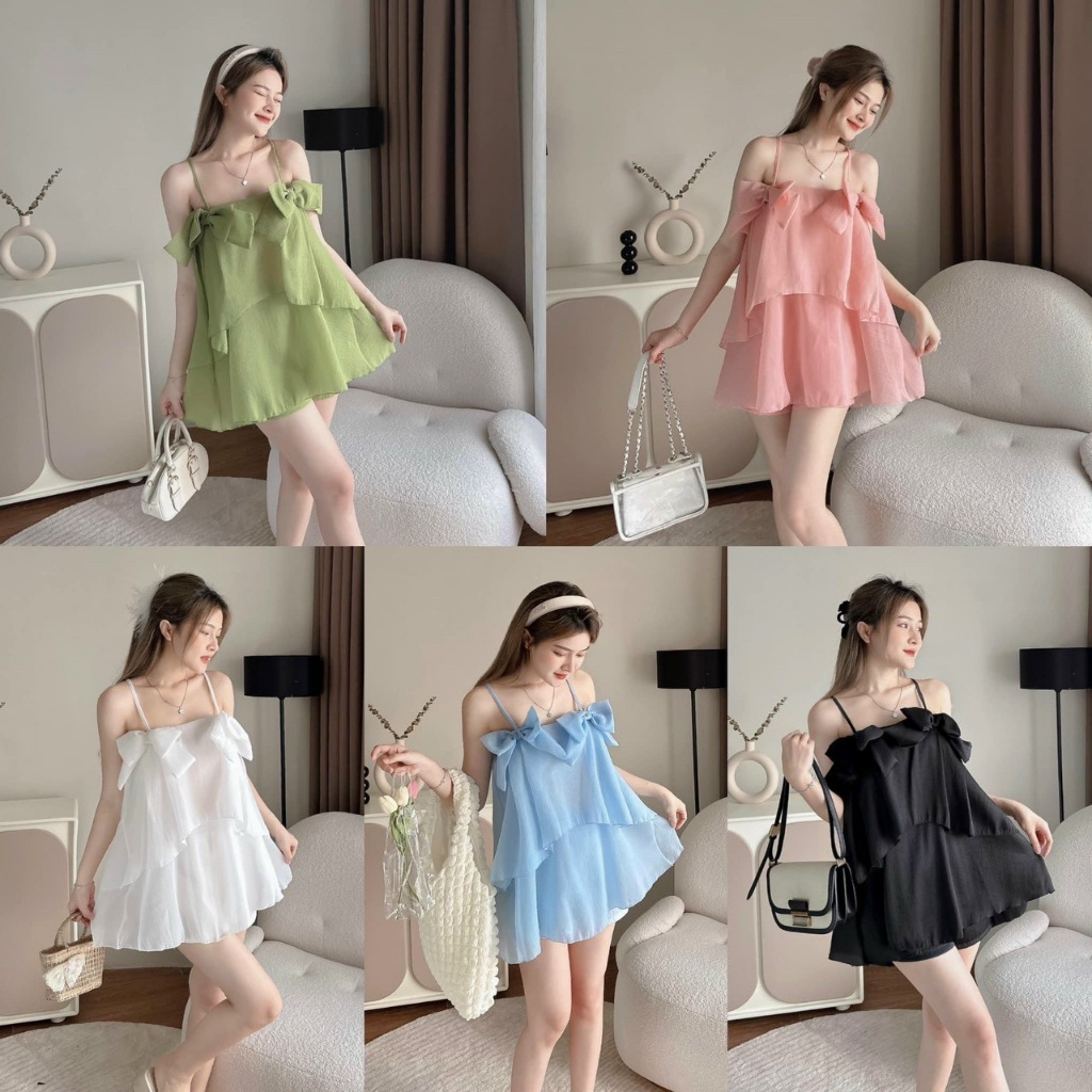TCL Set đùi 2 lớp voan bèo nơ ngực, áo babydoll bầu 2 dây dáng xòe nina lê