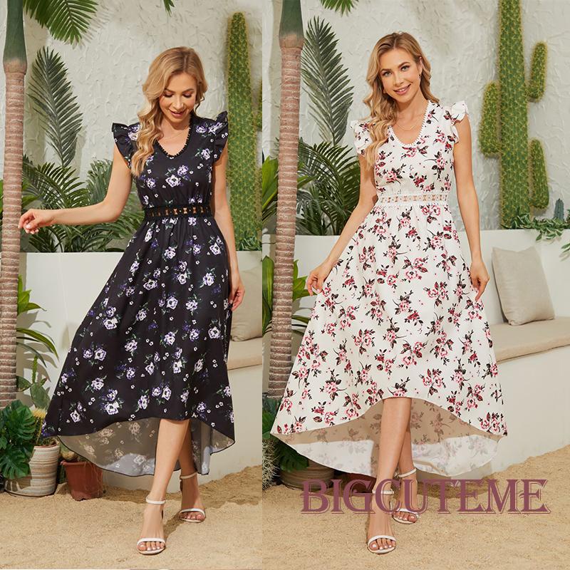 Đầm Dài Cổ Chữ V Tay Cánh Tiên In Họa Tiết Hoa Thanh Lịch Thời Trang Mùa Hè Dành Cho Nữ