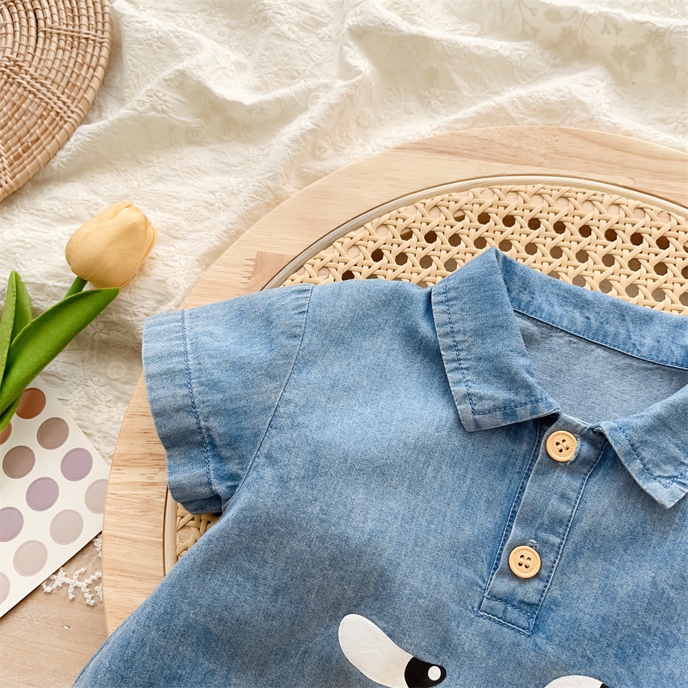 Bộ Áo Liền Quần Vải Denim Tay Ngắn Dễ Thương Thời Trang Mùa Hè Cho Bé